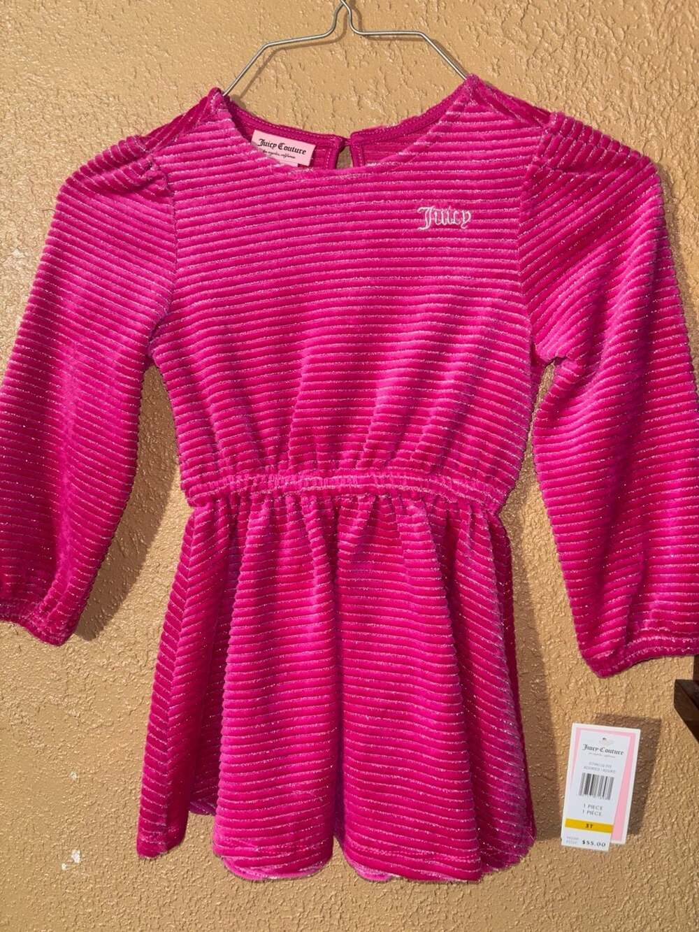 Juicy Couture Pink Metallic Striped Velour Long Sleeve Dress